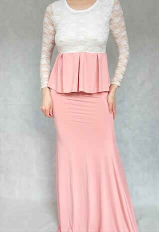 Retro Pink Maxi Dress, Pink White Gown, White Lace Dress