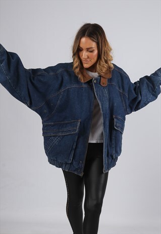 VINTAGE DENIM BOMBER JACKET OVERSIZED UK 16 - 18 (X5R)