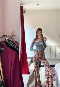 Floral print wide leg flare trousers