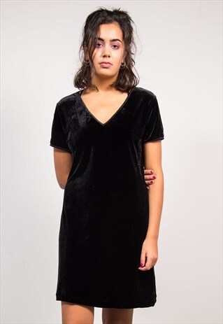 VINTAGE 90'S BLACK V-NECK VELVET T-SHIRT DRESS
