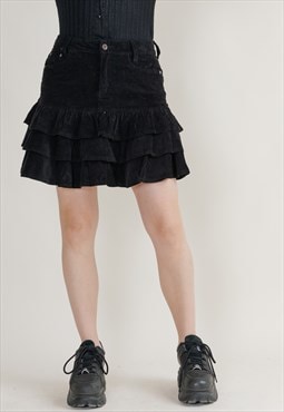 Vintage Y2k Black Corduroy Mini Ruffle Skirt S