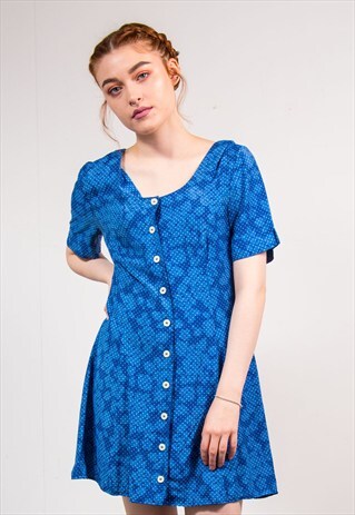 VINTAGE 90'S BLUE POLKA DOT FLORAL PATTERN MINI DRESS
