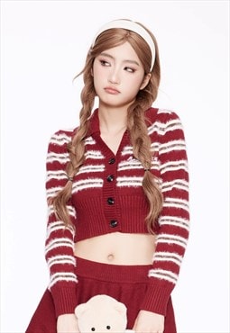 Cropped fluffy cardigan striped sweater preppy jumper in red