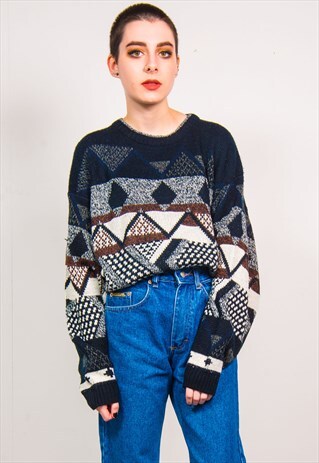 VINTAGE 90'S BLACK FAIRISLE PATTERN KNIT JUMPER