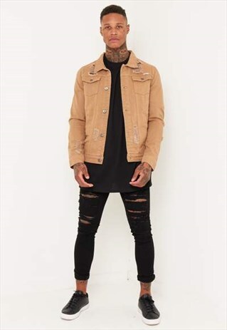 LIQUOR N POKER - DENIM JACKET IN TAN WITH DISTRESSING