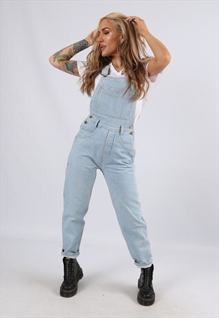 VINTAGE 90'S DENIM DUNGAREES TAPERED SHORT LENGTH UK 6 (4DK)