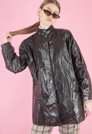 VINTAGE LEATHER JACKET TRENCH COAT IN BLACK WITH BUCKLE