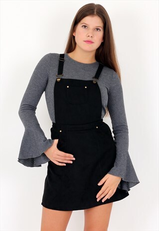 BLACK SUEDE PINAFORE SKATER BIB DRESS