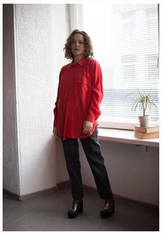 LOVELY VINTAGE 80'S RED PLAIN LONG SLEEVES SHIRT