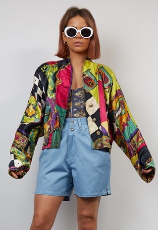 VINTAGE 80'S FESTIVAL MULTICOLOUR SCARF PRINT BOMBER JACKET