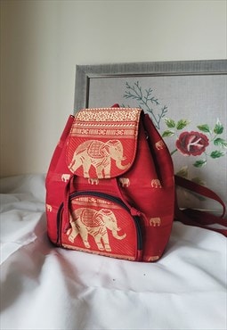 90s vintage red Indian folk elephant print backpack bag