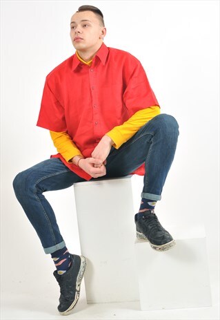 VINTAGE SHORT SLEEVE LINEN SHIRT IN RED