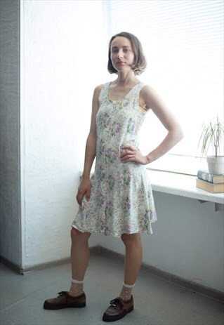 VINTAGE 70'S FLOWER PATTERNED SLEEVELESS MINI DRESS