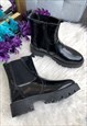 BLACK CHUNKY PATENT CHELSEA BOOTS
