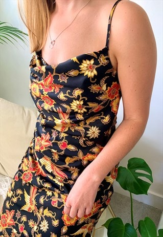 COWL NECK SLIP MIDI DRESS PAISLEY ORIENTAL FLORAL BOHO SATIN