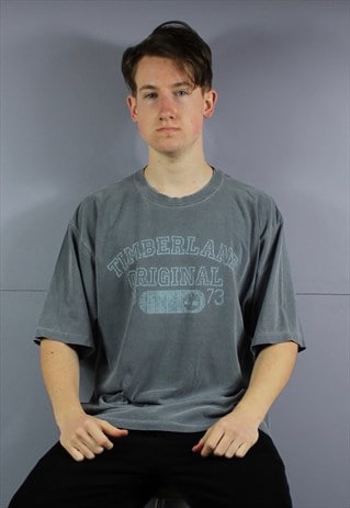 VINTAGE TIMBERLAND T-SHIRT IN GREY WITH PRINTED LOGO. SIZE M