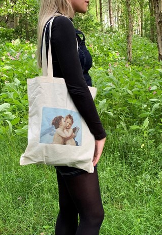 ANGEL CHERUB FIRST KISS VINTAGE ART CANVAS TOTE BAG