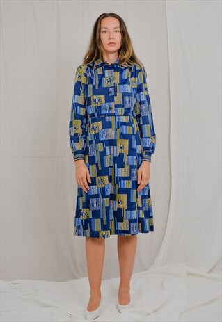80S VINTAGE DRESS LONG SLEEVE MINIMALIST GEOMETRIC PATTERN
