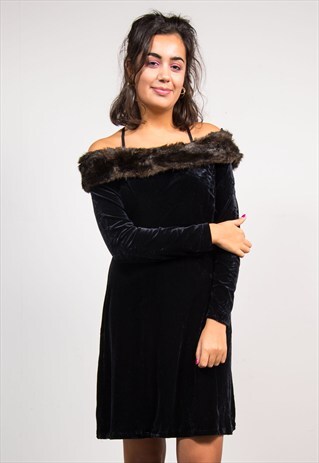 VINTAGE 90'S BLACK OFF SHOULDER FAUX FUR TRIM MINI DRESS