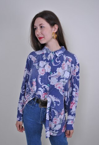 BLUE FLOWERS BLOUSE, 80S FLORAL PRINT SUMMER SHIRT