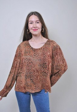 Vintage leopard brown blouse, retro pullover women shirt