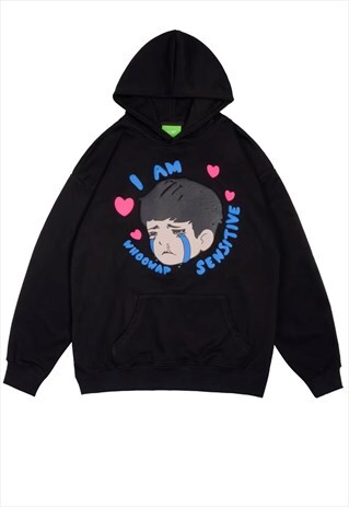EMO hoodie cry boy pullover Anime patch top in black
