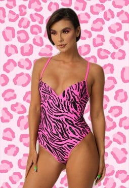 Neon pink sequin tiger print leotard festival / rave wear