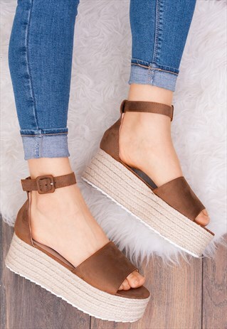PLATFORM ESPADRILLE SANDALS SHOES IN TAN SUEDE STYLE - MONZA