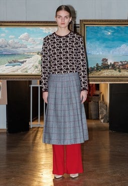 Vintage 80s grey plaid pleated midi skirt