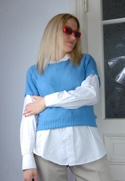 Vintage Y2K Pastel Blue Knitted Crochet T-shirt Vest Jumper