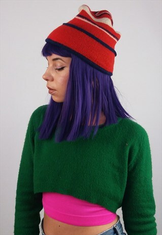 VINTAGE 80'S WINTER WOOL HAT RED AND BLUE STRIPES