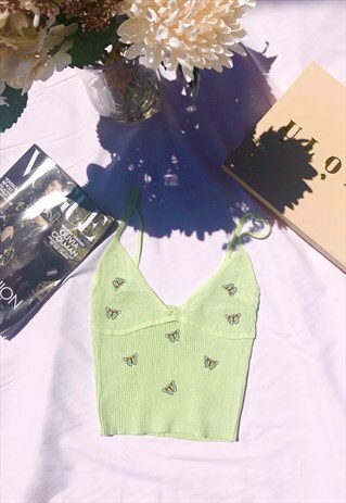 GREEN RIBBED BUTTERFLY EMBROIDERED CROP TOP