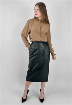 80's Vintage Soft Black Leather Ladies Midi Pencil Skirt