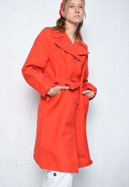 Vintage 60s Mod minimalist red longline trench coat belted