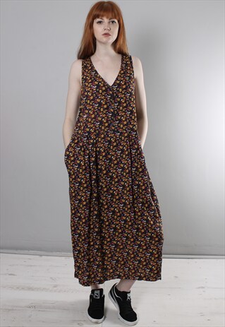 VINTAGE 90S FLORAL PATTERNED LONG PINAFORE FESTIVAL DRESS