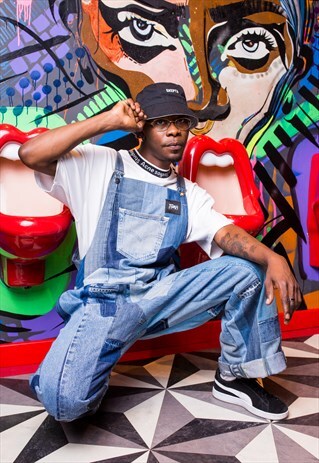 JUST HARRY OVERSIZED PANELLED DUNGAREES IN REWORKED DENIM