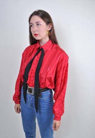 VINTAGE RED STRIPED BLOUSE WITH TIE COLLAR AND LONG SLEEVE