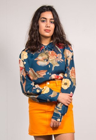 90'S VINTAGE BLUE FLORAL PATTERN SHIRT BLOUSE SHIRT
