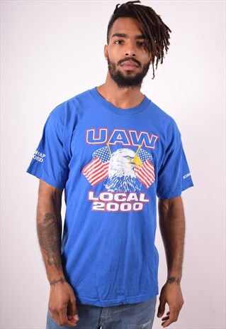 MENS VINTAGE UAW T-SHIRT TOP LARGE BLUE