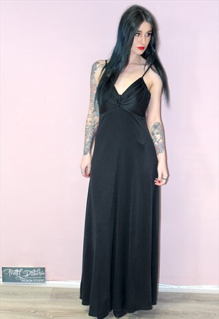 80'S VINTAGE BOHO BLACK STRAPPY MAXI EVENING PARTY DRESS