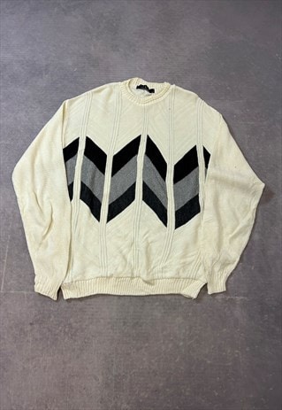 VINTAGE KNITTED JUMPER ABSTRACT PATTERNED GRANDAD SWEATER