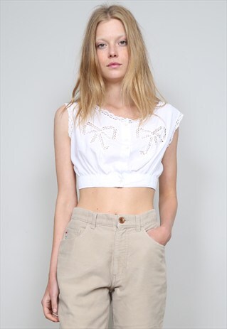 VINTAGE 70'S WHITE CROCHET TRIM CROPPED BLOUSE