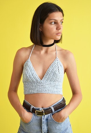 70'S STYLE FESTIVAL EGGSHELL CROCHET BRALET HALTER CROP TOP