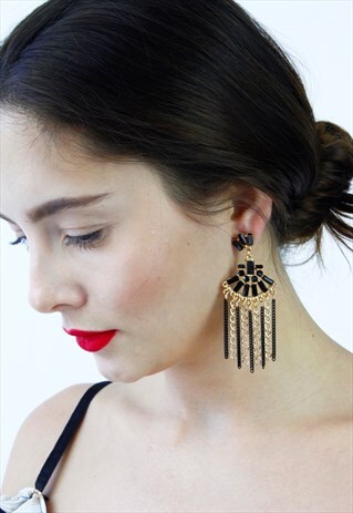 GOLD & BLACK DIAMANTE CHAIN DROP CHANDELIER EARRINGS