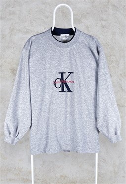 Vintage Grey Calvin Klein Sweatshirt Embroidered Spell Out M