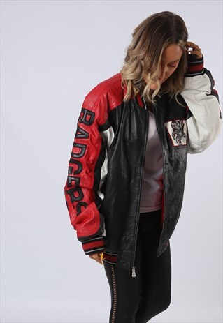 LEATHER BOMBER JACKET WISCONSIN BADGERS FOOTBALL UK 20 (O1S)