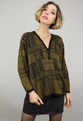 VINTAGE 80S 90S OVERSIZED PATTERNED KNIT JUMPER