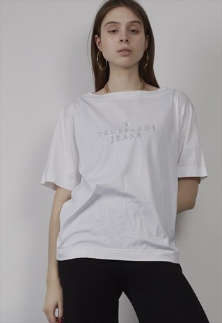 VINTAGE 90'S TRUSSARDI SILVER LOGO WHITE T-SHIRT