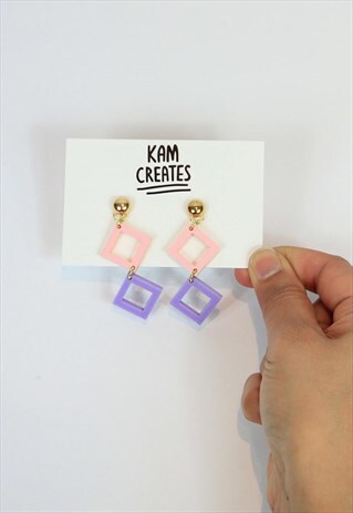 DIAMOND SQUARE DANGLE STUD EARRINGS IN PINK AND PURPLE