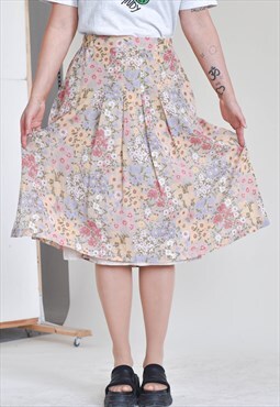 Vintage 80s High Waist Midi Pleated Ditsy Floral Skirt M/L